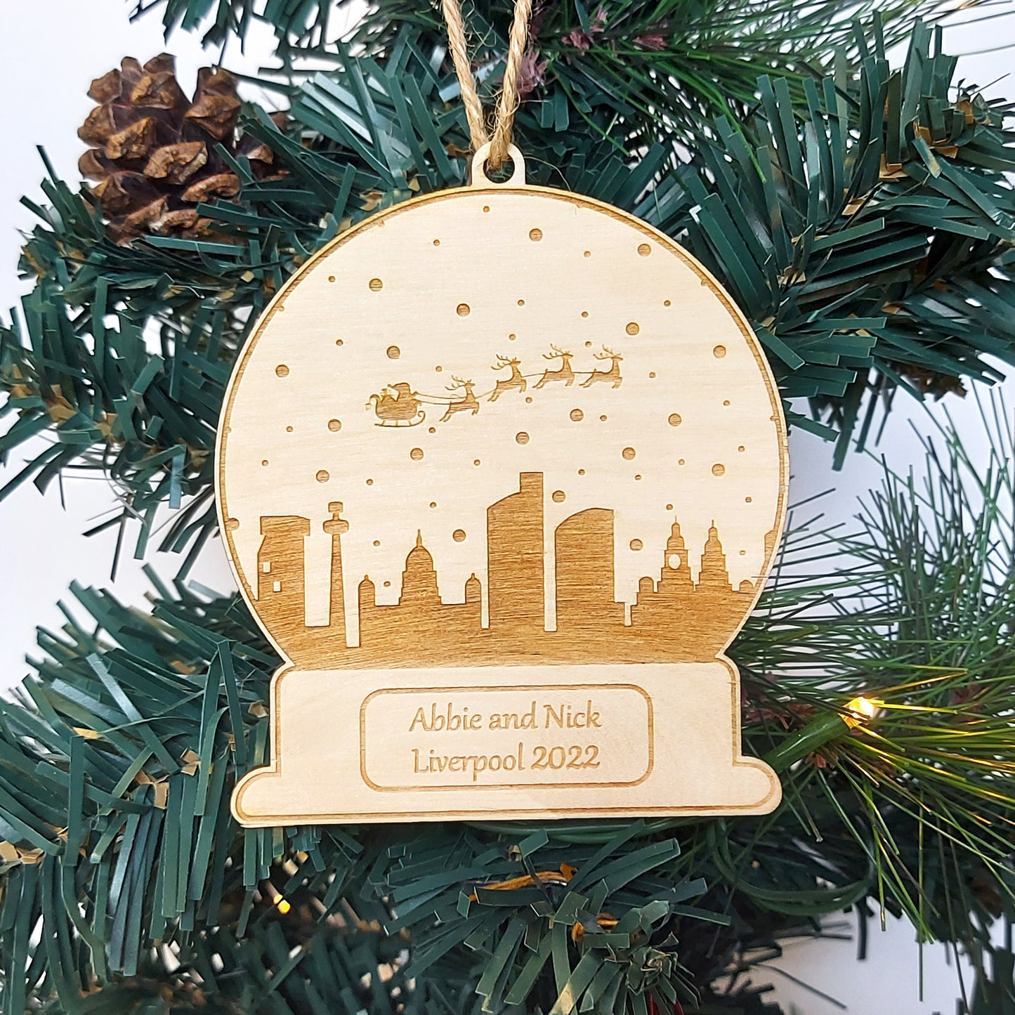 Christmas Liverpool City Bauble, Personalised UK City Snowglobe, Travel Ornament