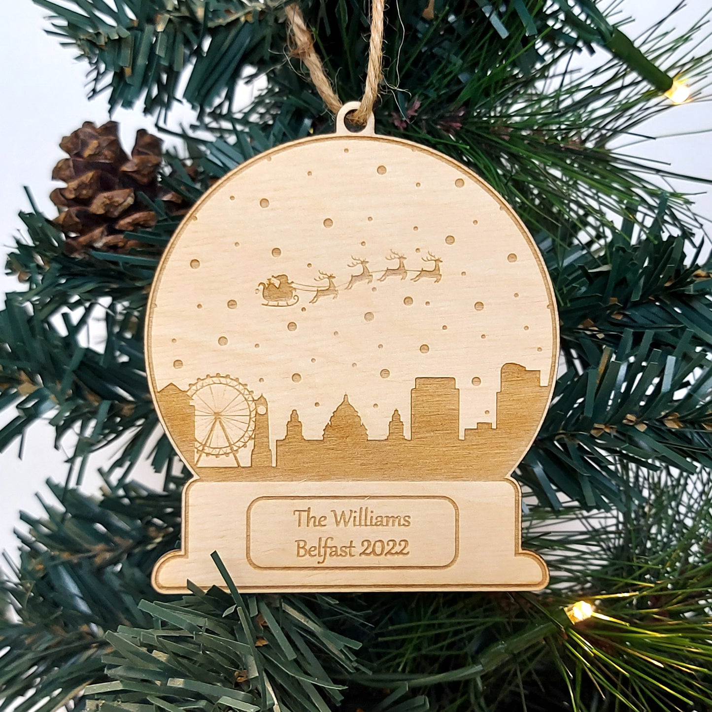 Personalised Belfast City Snowglobe, Christmas Northern Ireland City Bauble