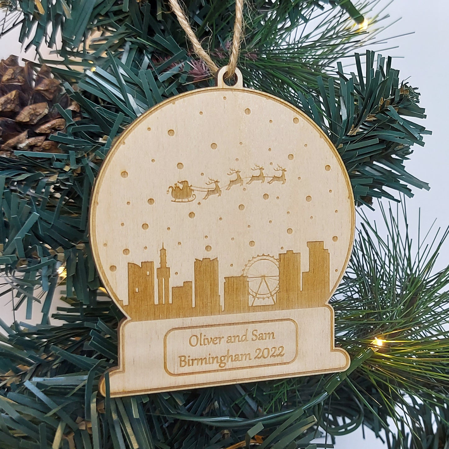 Christmas Birmingham City Bauble, Personalised UK City Snowglobe, Travel Ornament