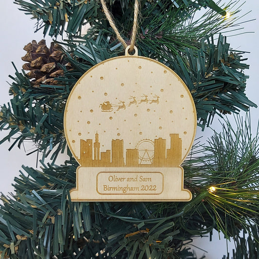 Christmas Birmingham City Bauble, Personalised UK City Snowglobe, Travel Ornament