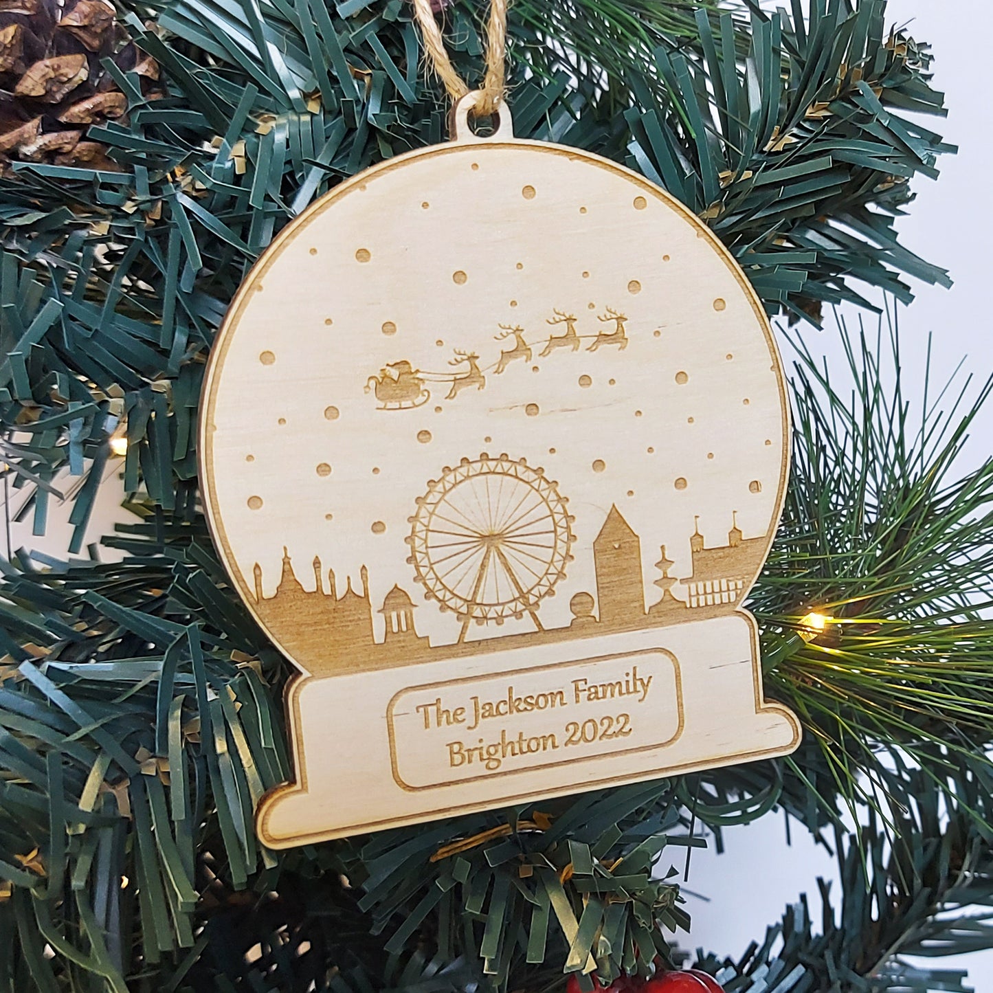 Christmas Brighton City Bauble, Personalised UK City Snowglobe, Travel Ornament