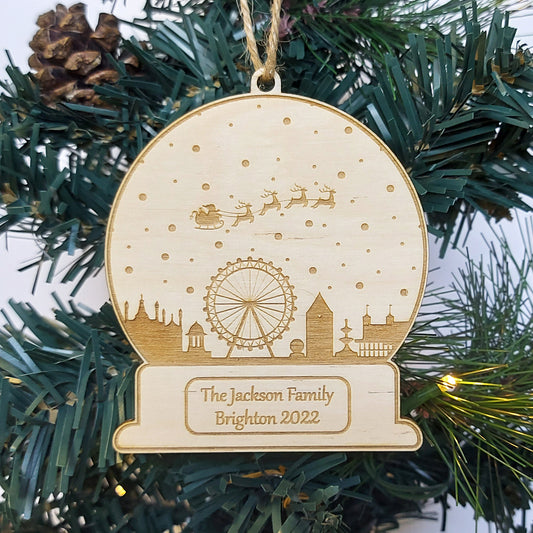 Christmas Brighton City Bauble, Personalised UK City Snowglobe, Travel Ornament