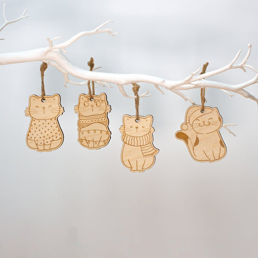 Wooden Christmas Cats Tree Decorations, Set of 4 Cat Tree Ornaments