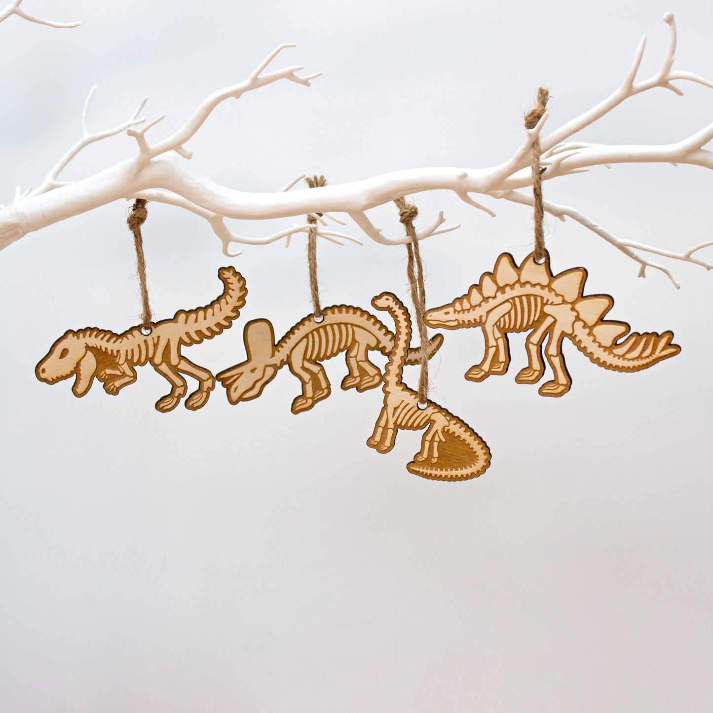Wooden Christmas Dinosaur Tree Decorations, Set of 4 Dino Tree Ornaments