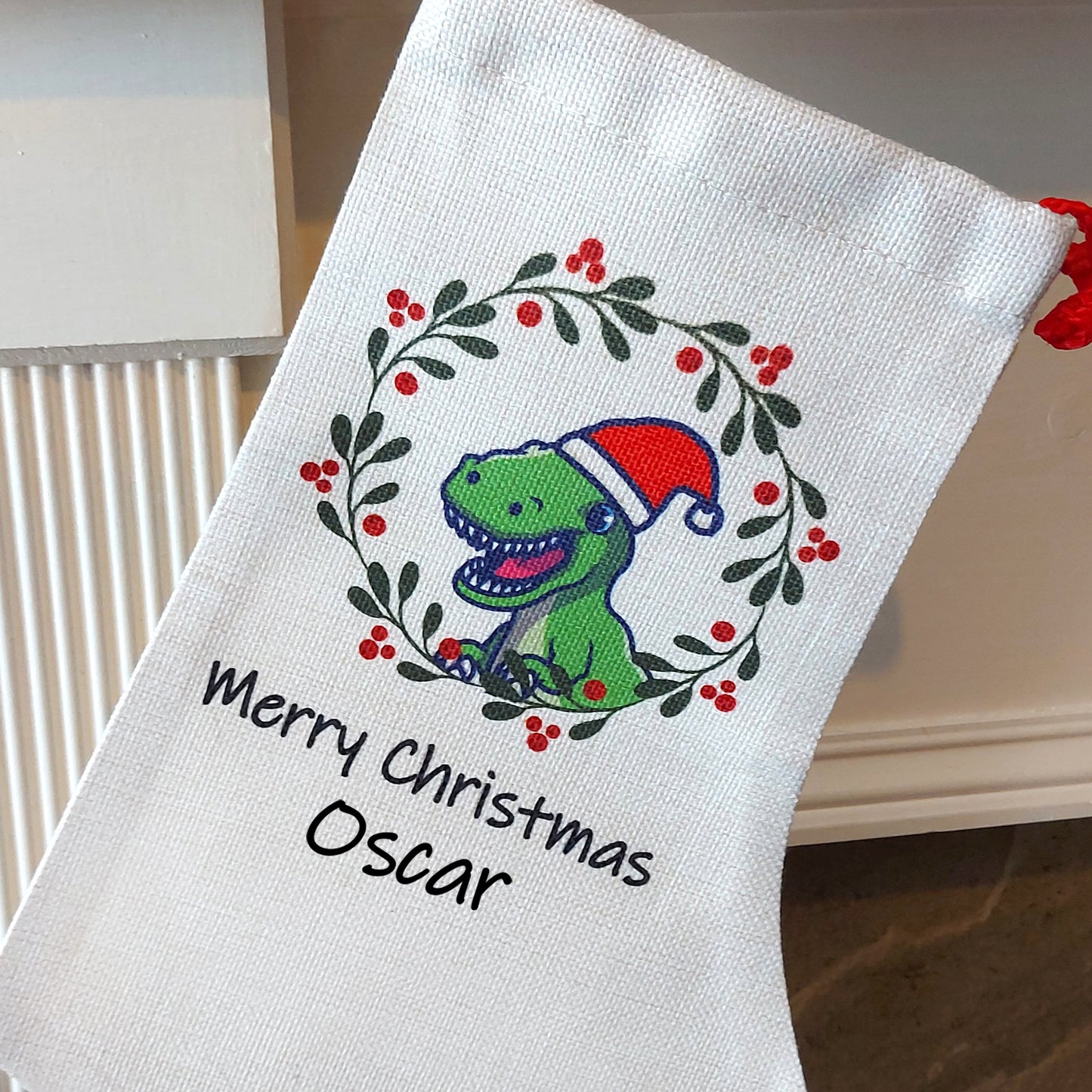 Personalised Dinosaur Christmas Stocking, Customised T-Rex Santa Sack