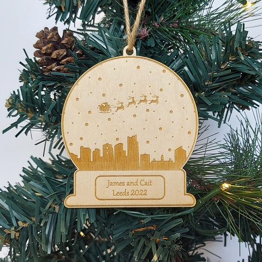 Christmas Leeds City Bauble, Personalised UK City Snowglobe, Travel Ornament