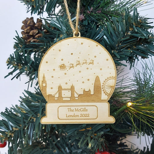 Christmas London City Bauble, Personalised UK City Snowglobe, Travel Ornament