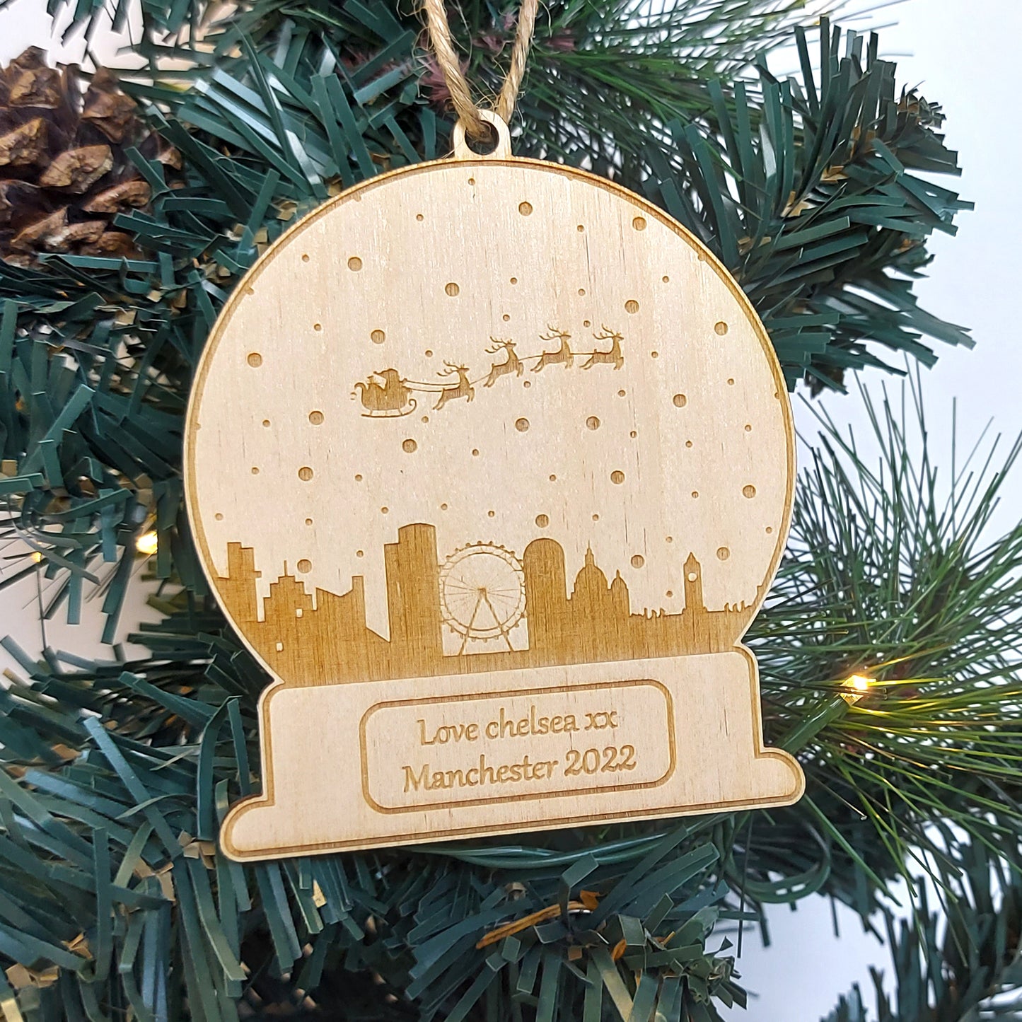 Christmas Manchester City Bauble, Personalised UK City Snowglobe, Travel Ornament