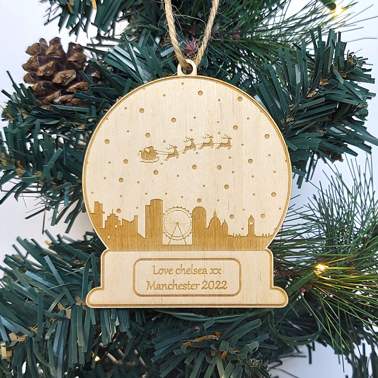 Christmas Manchester City Bauble, Personalised UK City Snowglobe, Travel Ornament