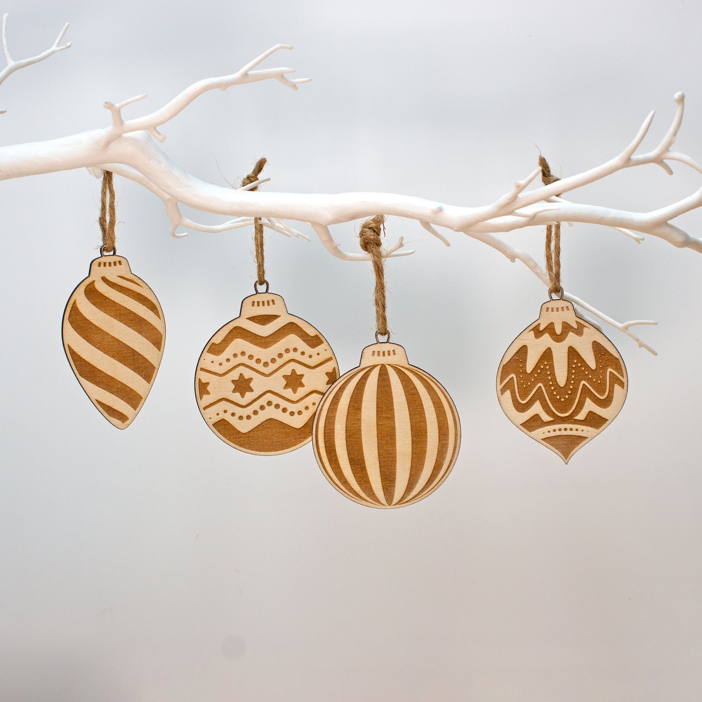 Wooden Vintage Christmas Baubles, Set of 4 Retro Tree Ornaments