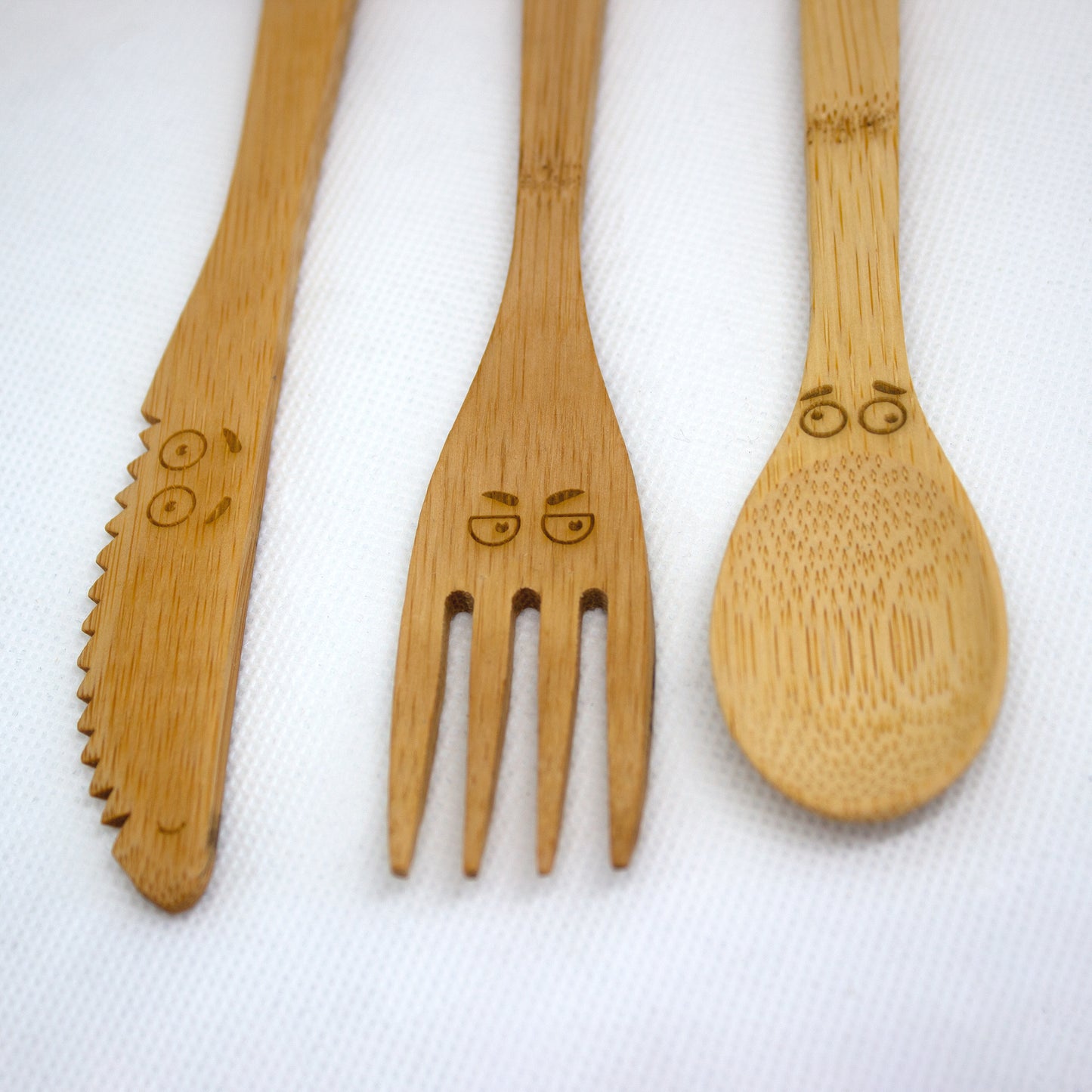 Bamboo Cutlery Set with Faces, Cutlery with Travel Case, Cutlery for Kids Packed Lunch