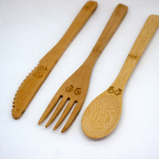 Bamboo Cutlery Set with Faces, Cutlery with Travel Case, Cutlery for Kids Packed Lunch